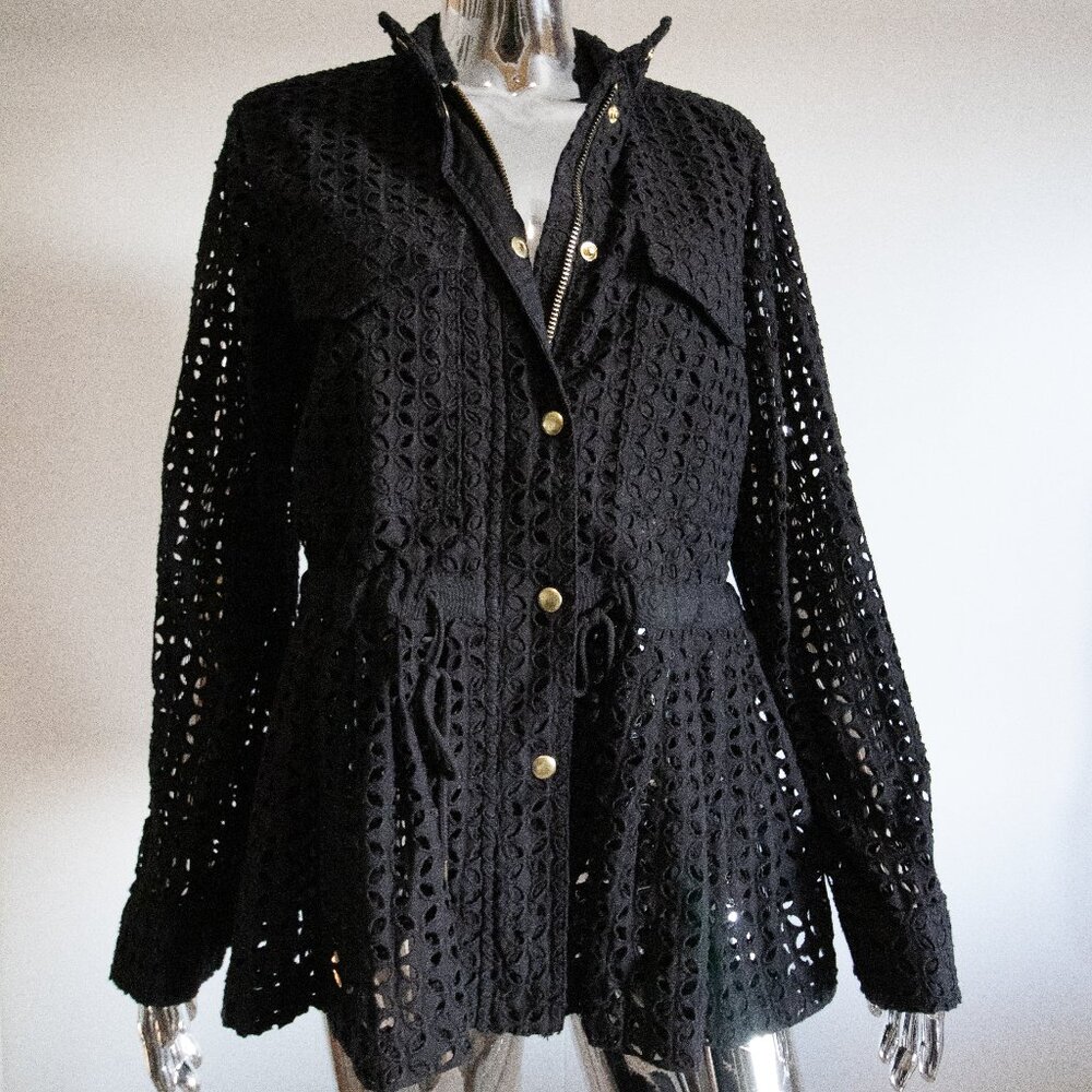Black Zip-Up Jacket with Brass Buttons and Mesh Style
